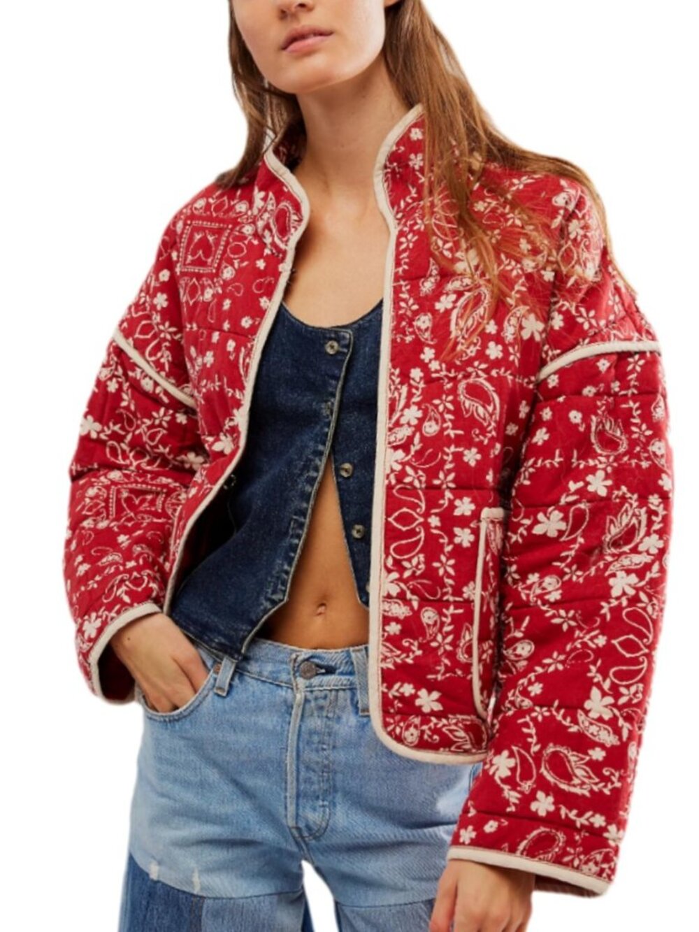 Women's Loose Retro Striped Quilted Jacket Stand Collar Cropped Puffer Outerwear